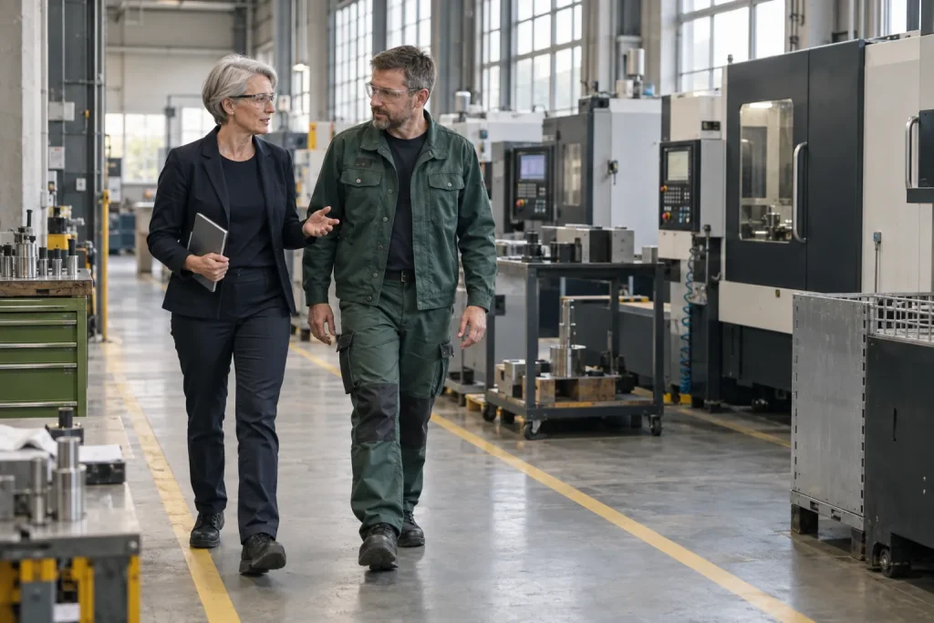 Eine Frau und ein Mann gehen im Gespräch durch eine Produktionshalle.