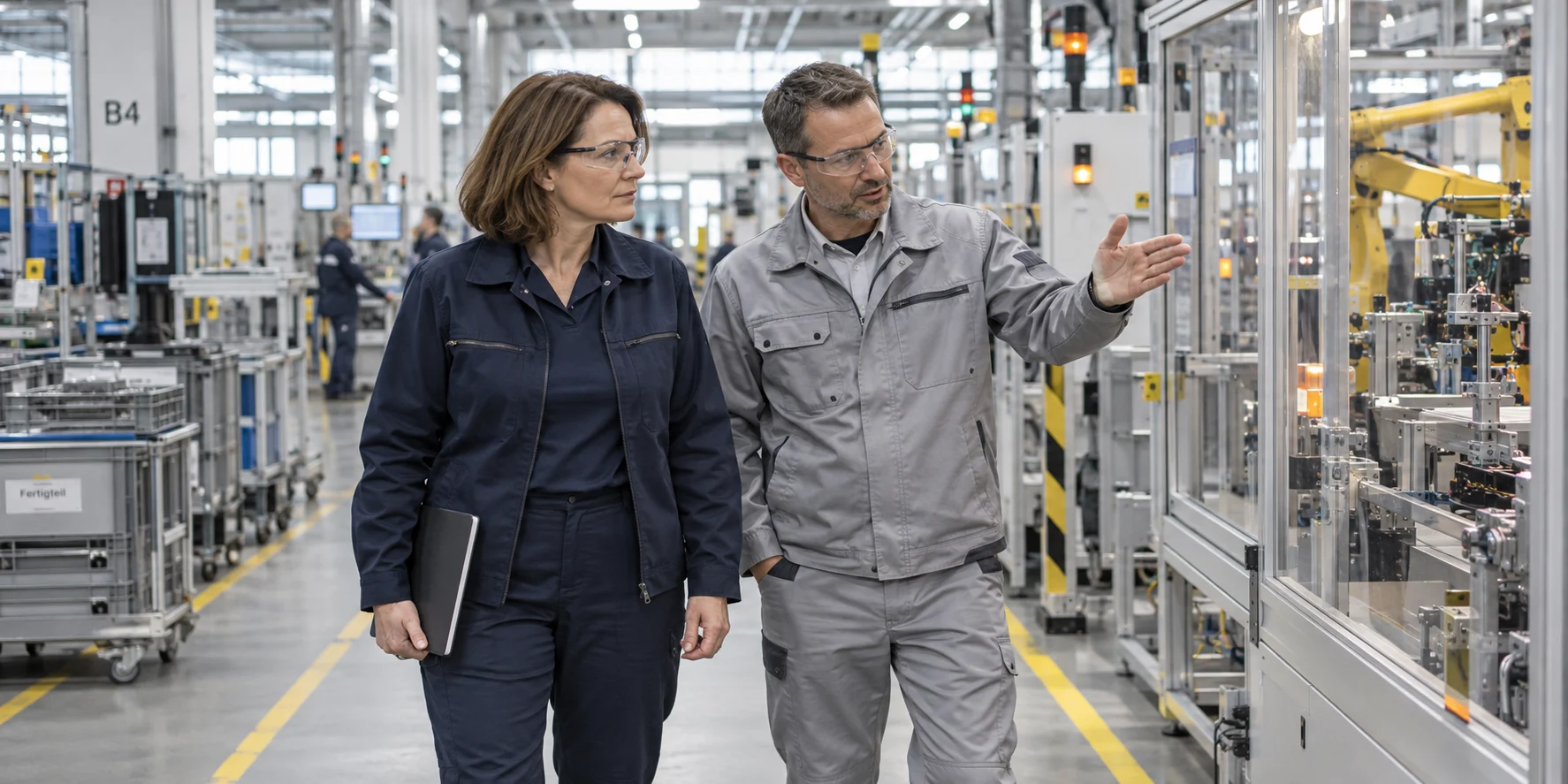 Illustrative Szene: Zwei Personen mit Schutzbrillen besprechen einen Fertigungsprozess an einer Produktionsanlage.