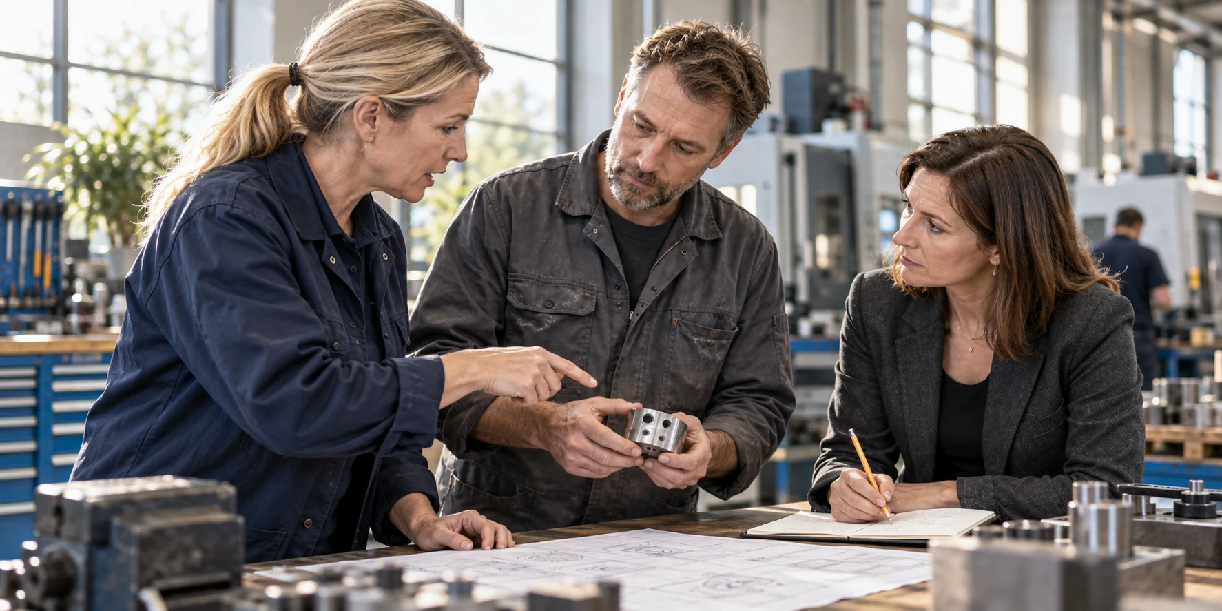 Illustrative Szene: Drei Personen besprechen ein Metallbauteil und technische Zeichnungen; eine Person hält die Ergebnisse schriftlich fest.